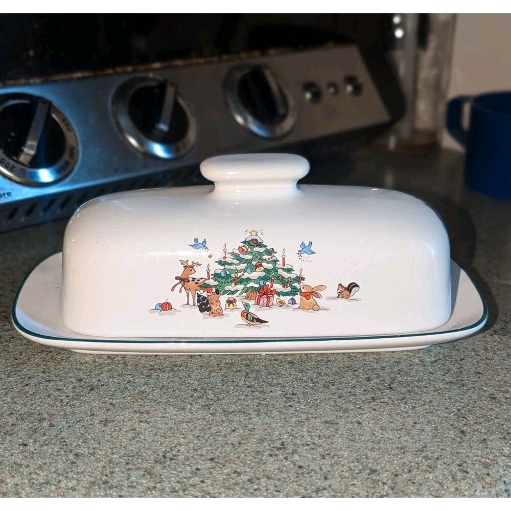 Vintage Woodland Creatures Christmas Smooth Butter Dish &‎ Lid Ming Pao